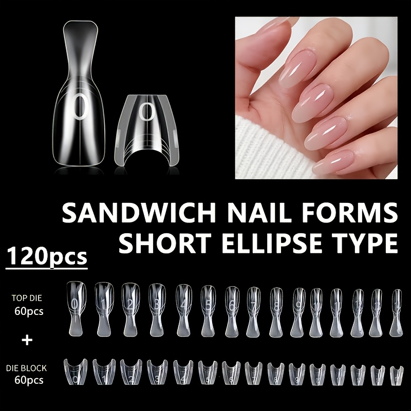 E-shop 120-teiliges Set für Nagelverlängerungsformen, kurz, oval, quadratisch, Sandwich-Schicht-Design mit 60 Top-Formen + 60 Basis-Formen,