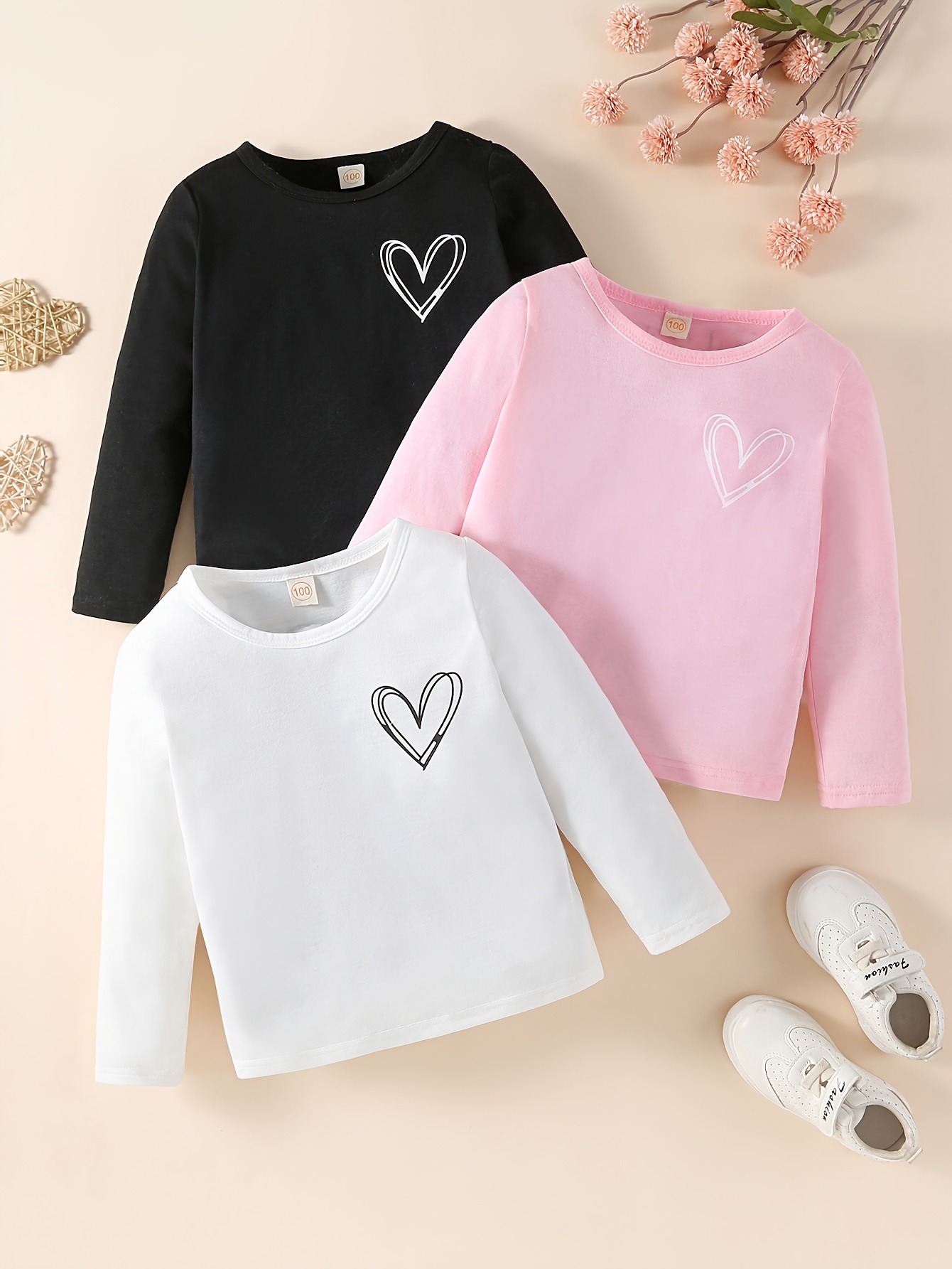 3pcs Toddler Girl Heart Print Long Sleeve T-Shirt Autumn & Winter Clothes