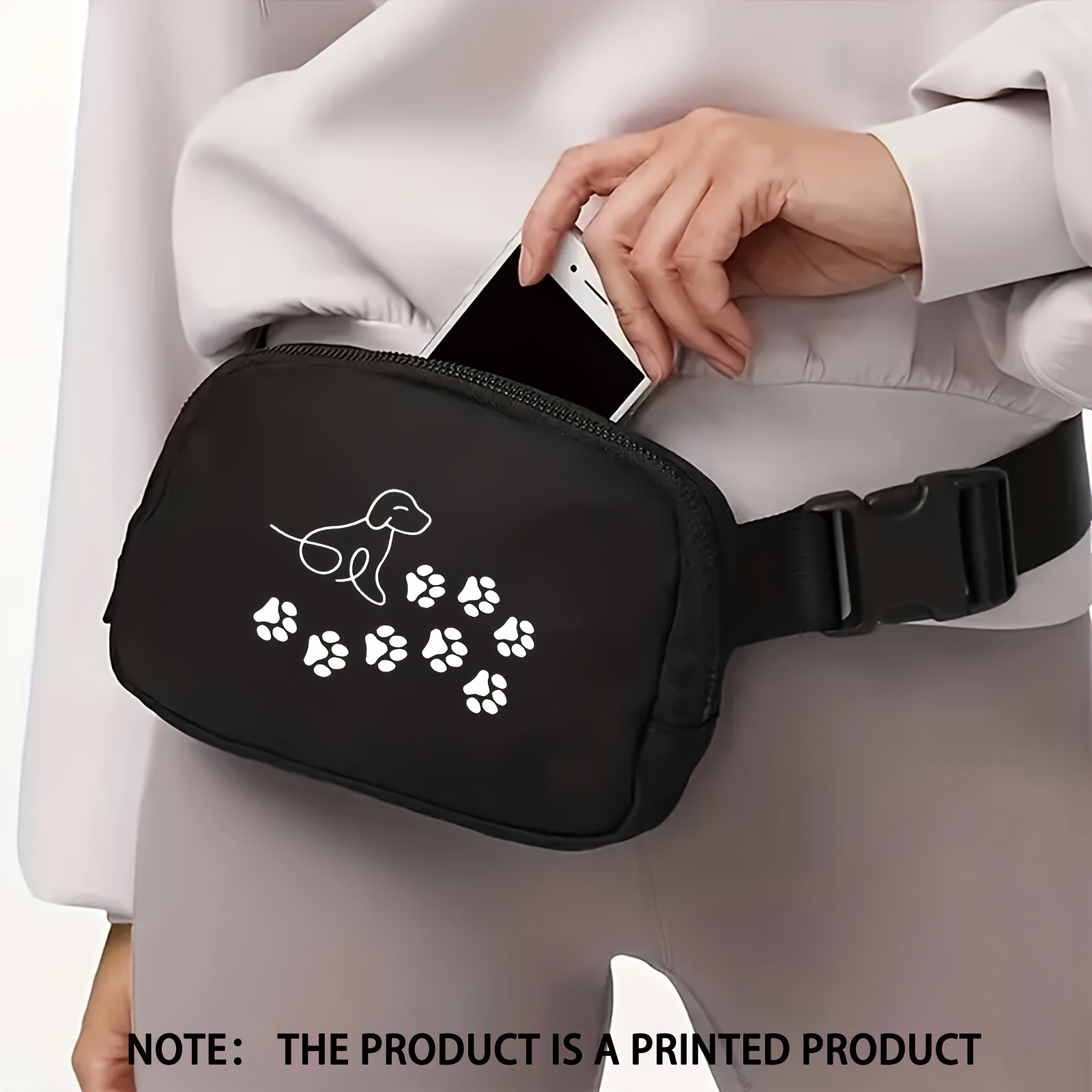 A Stylish And Minimalist Black Waist Bag Featuring Animal , With A Multifunctional Design And Adjustable Shoulder Strap, Perfect For Trendy Outdoor Sports
