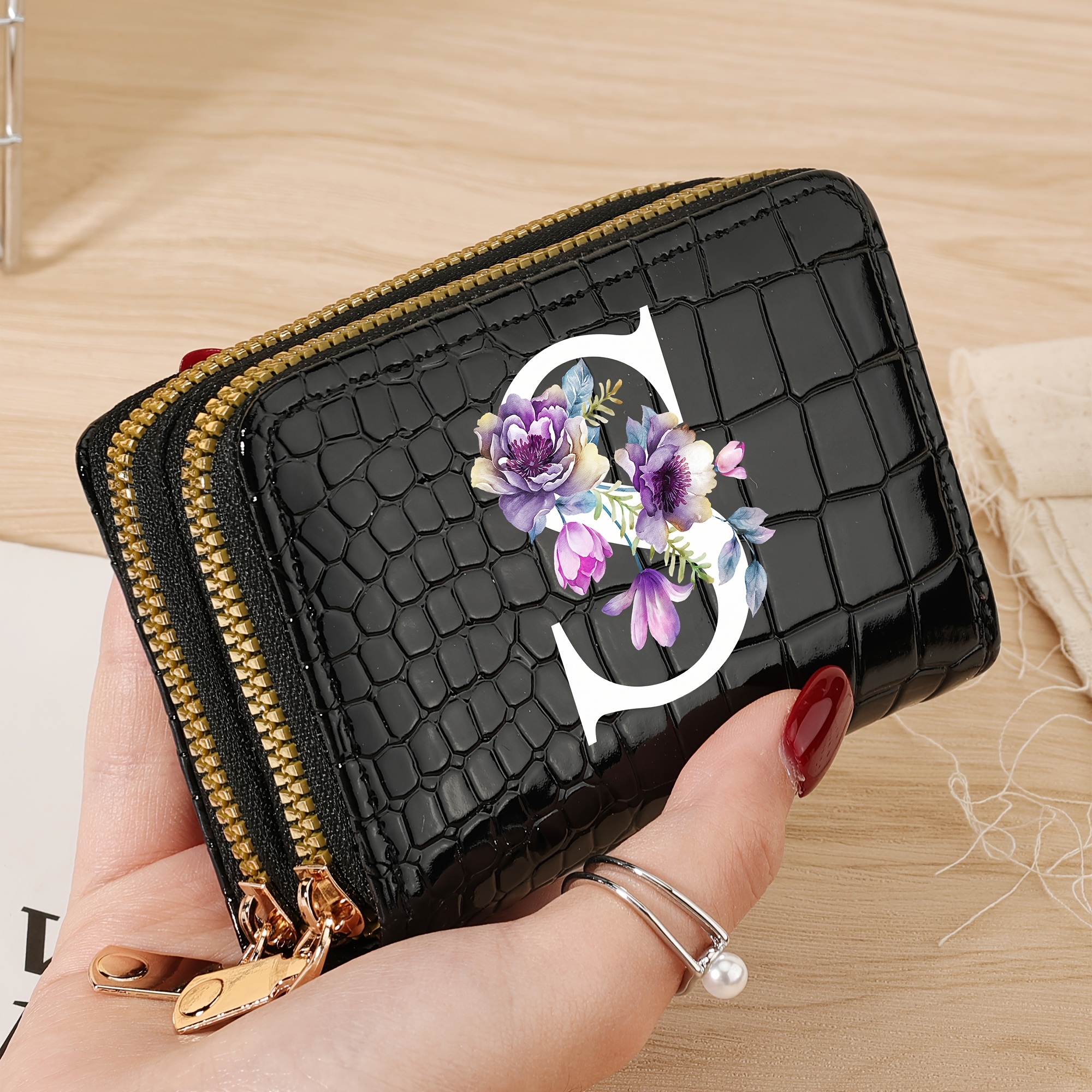 Minimalist Flower Letter Printed New High-quality Credit Card Storage Bag, Easy And Casual Multi Slot, Fashionable Double-layer Zipper Around , School Dormitory And Back To School Supplies Bag