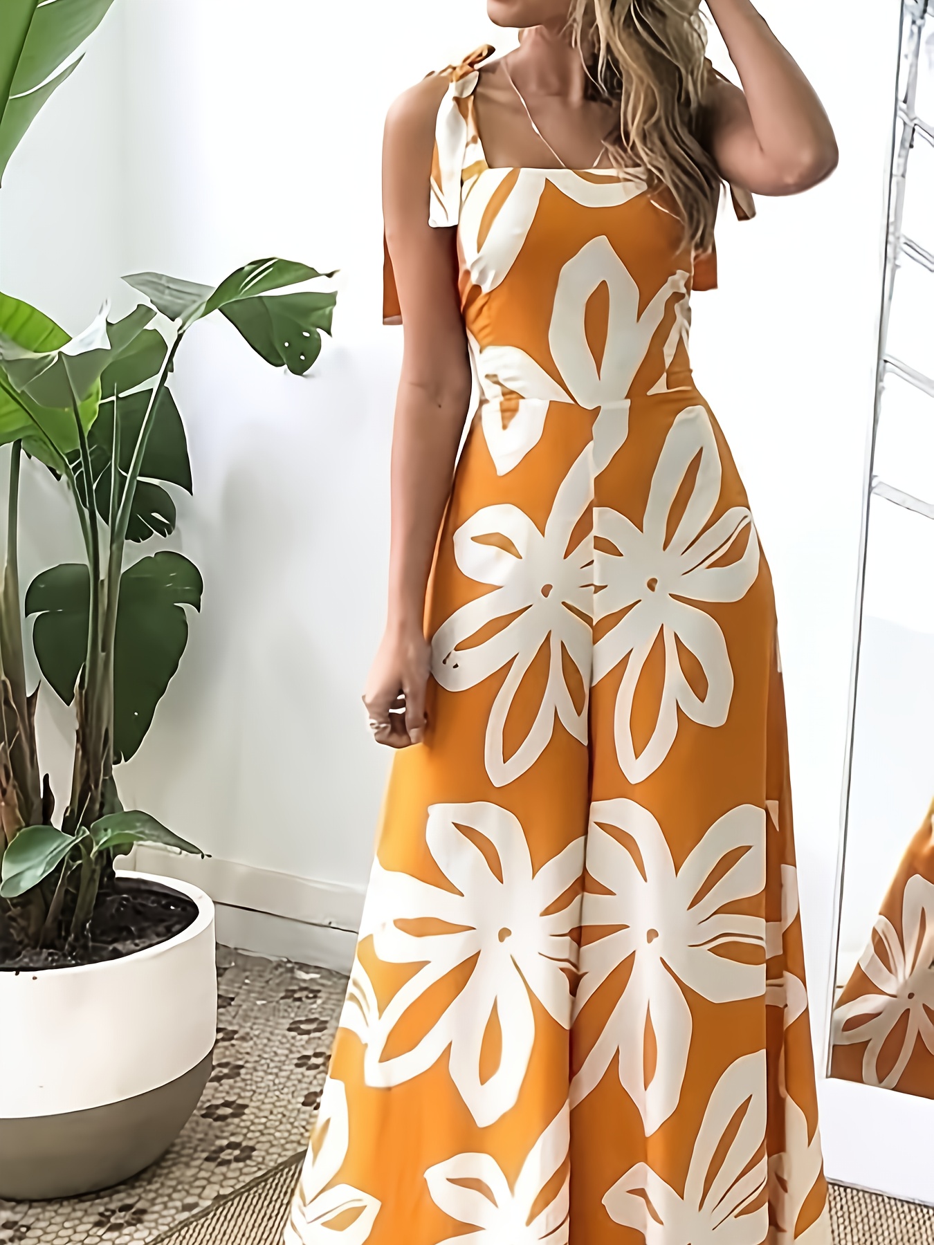 2025 Summer Tropical Print Waist-Cinched Fashion Vacation Style Pantsuit Casual Resort Dress Women's Tie-Design Off-Shoulder One-Piece Dress Elegant Sleeveless Gown