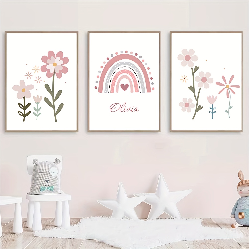 TEMU 3pcs Personalized Name/text & Number Wall Posters - Modern Kids Room Decor With Custom Names, Vertical Canvas Art Suitable For Nursery, Girls