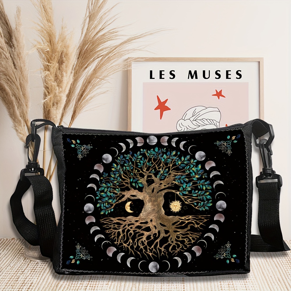 TEMU Tree Of Life Crossbody Bag - Fashionable Card Reading-inspired Shoulder Purse With Adjustable Strap, Zip Closure, And Durable Polyester Lining - Black