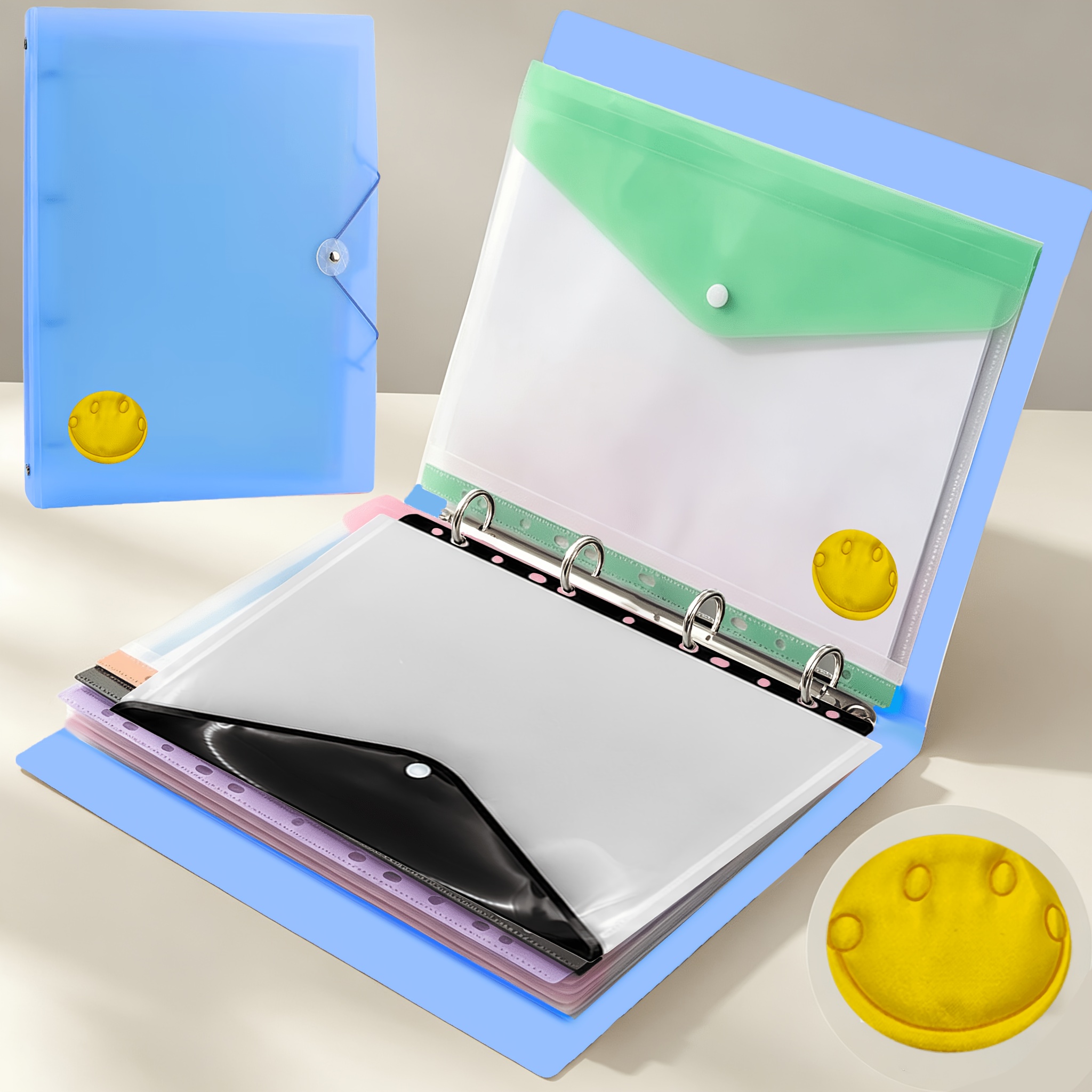 TEMU Four-hole A4 Ring Binder With Elastic Tie Cord + Face Decoration, File Folder Organizer Book Clip Binder Pocket - Heavy-duty Pp Plastic File