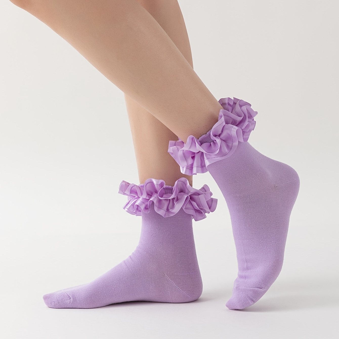 TEMU 1 paire de chaussettes pour femme, , avec volants en ruban de satin et dentelle florale large à la cheville - Élégantes, adaptées pour la danse,