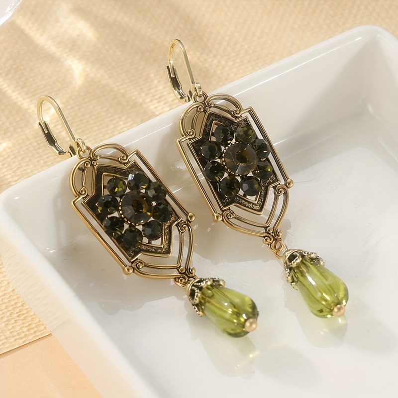 Victorian Decorative Earrings, Green Synthetic Zirconia Earrings, Antique Golden Earrings