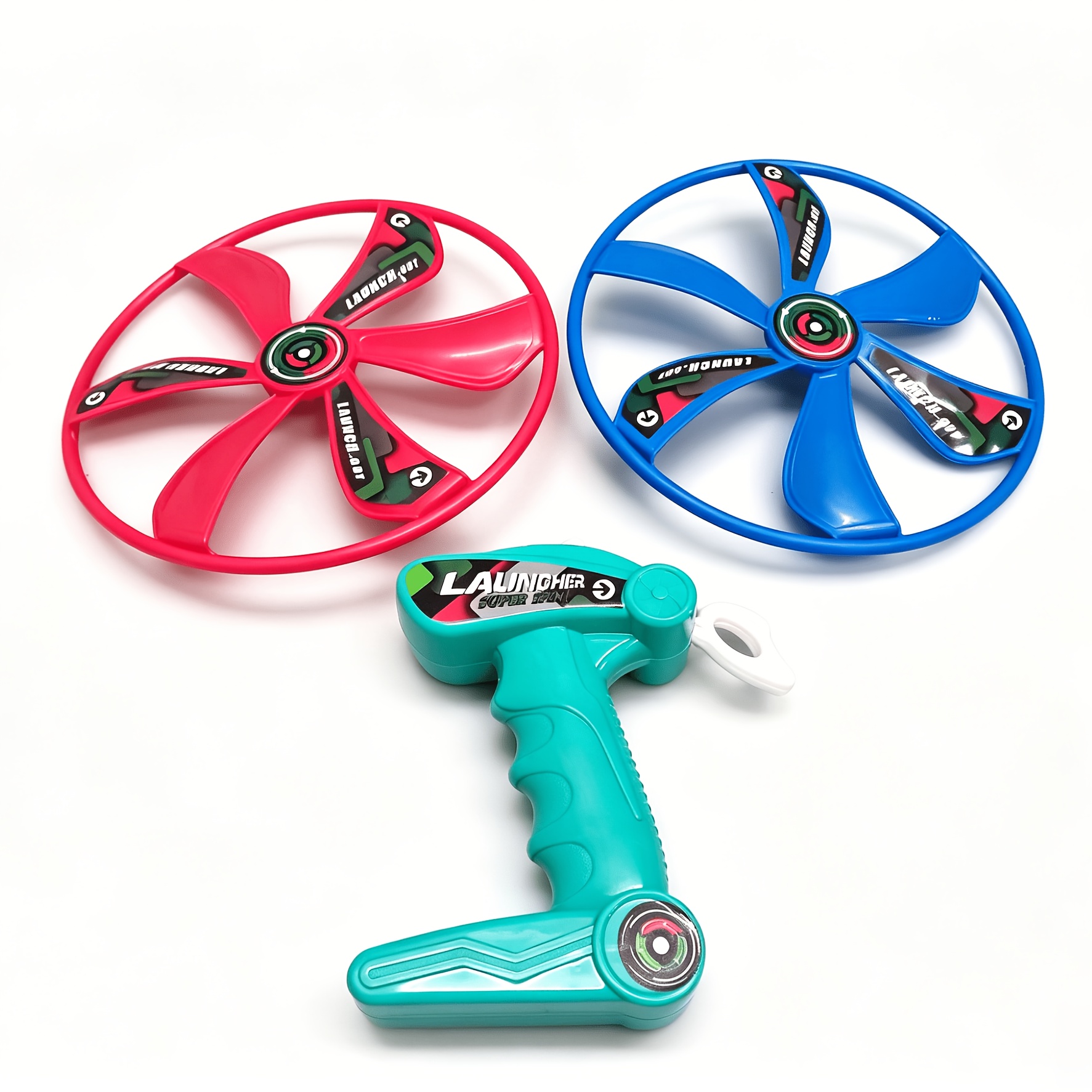 3pcs spinning flying saucer toy set a flight toy with one launcher and two saucers parent child interaction and outdoor play random color Product details 1