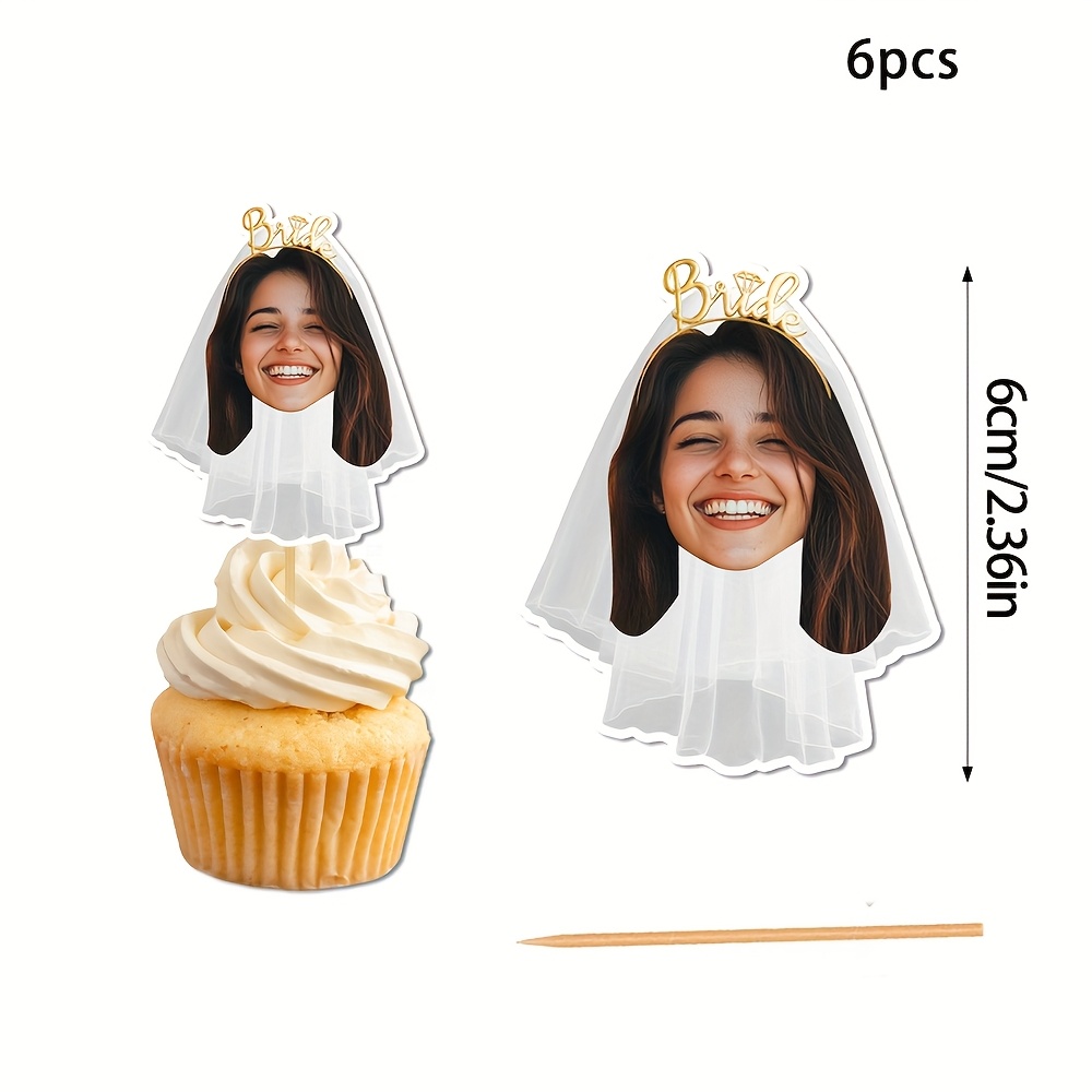 Custom Bride Photo Cake Hats In Sets Of 6, 12, Or 24, Personalized Bridal Shower Veil Headpieces With Crowns And Face Photos, Wedding Cake Decorations For Brides, And Bachelorette Party Supplies
