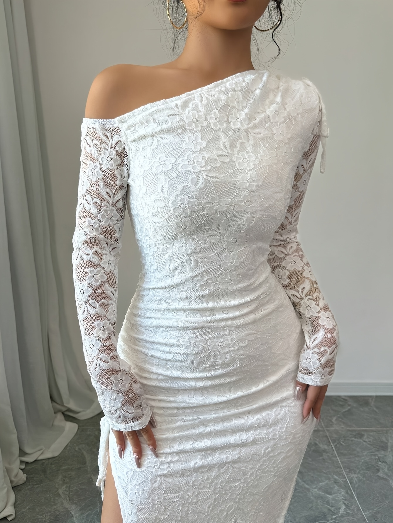 スーツ・フォーマル・ドレス ANDREA&Co. LACE OFF SHOULDER DRESS Alex Evenings - 132902 Jewel Accent Waist Cold Shoulder Mesh