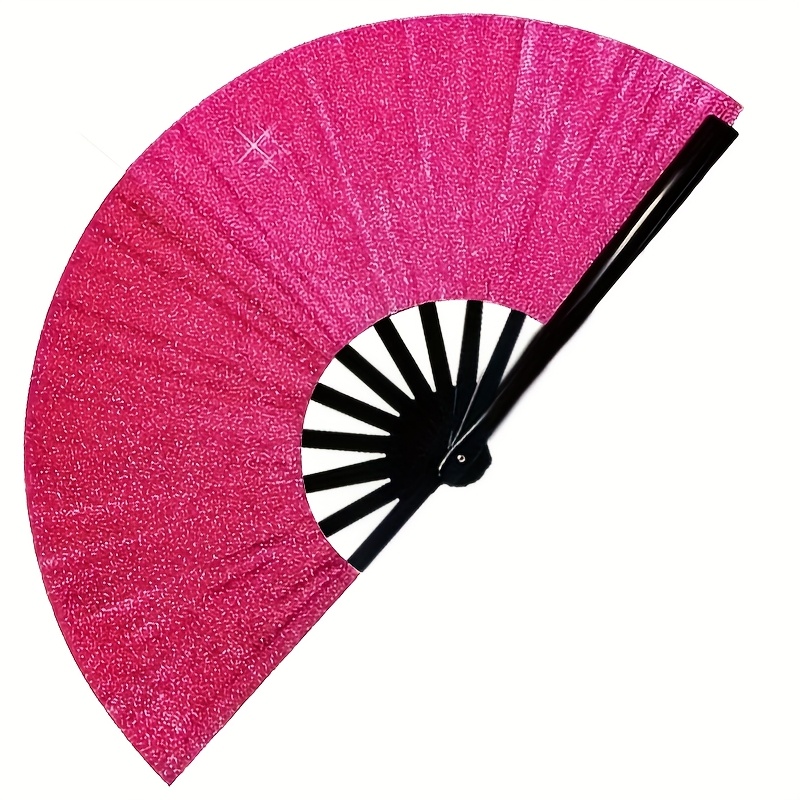 TEMU Single Shiny Rose Pink Folding Fan With Reflective Powder Design - Valentine's Day Party Accessory For Women, Dance Performances & Music Festivals, Elegant Fashion Gift, | Durable Construction