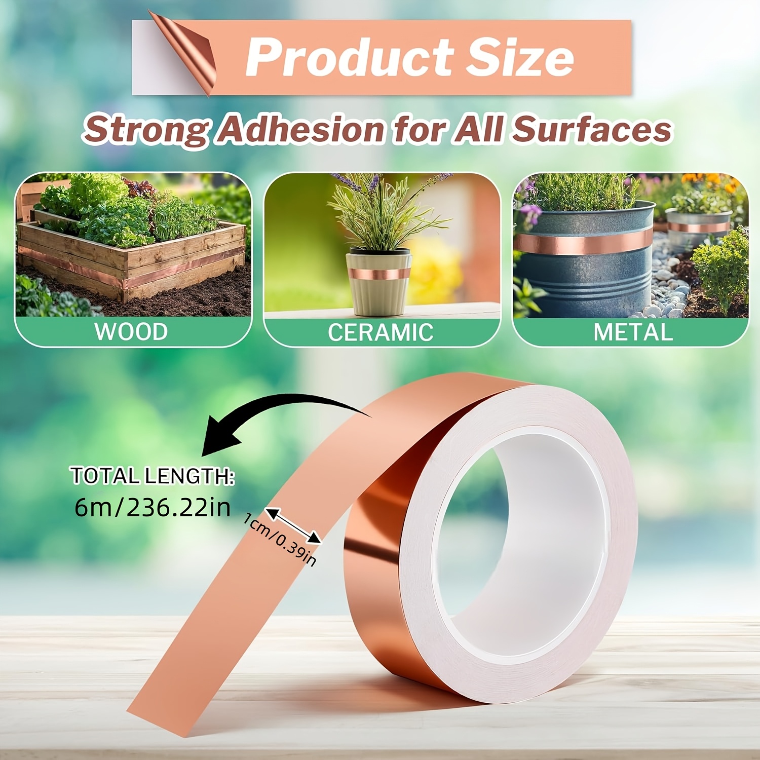 TEMU 0.39-inch Wide X 236.22-inch Long Snail Fence Copper Tape, Snail Protection For Raised Bed Plants, Copper Tape, Emi Copper Foil Tape, For Snail