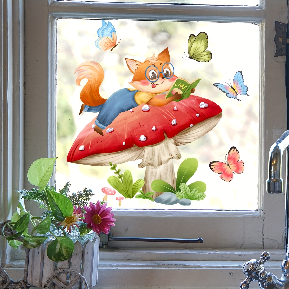 

1pc Cartoon Mushroom Fox With Musical Notes And Butterflies Window Cling, 30*25cm/11.81*9.84inch Plastic Bathroom Decals, Festive Wall Art For Room Decor