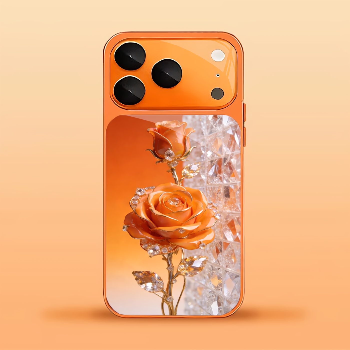 E-shop Handyhülle: Orange Goldene Kristallkante Rosenmuster, Orange Glas Handyhülle, Geeignet für iPhone 17/17Pro/17ProMax/17Air,