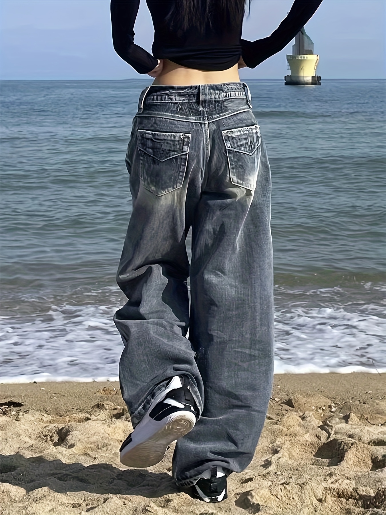 Women'S High-Waist Vintage Wide-Leg Jeans Distressed Straight-Leg Pants  with Pockets, Casual Loose Non-Stretch Denim, High Waist Jeans, Beach 