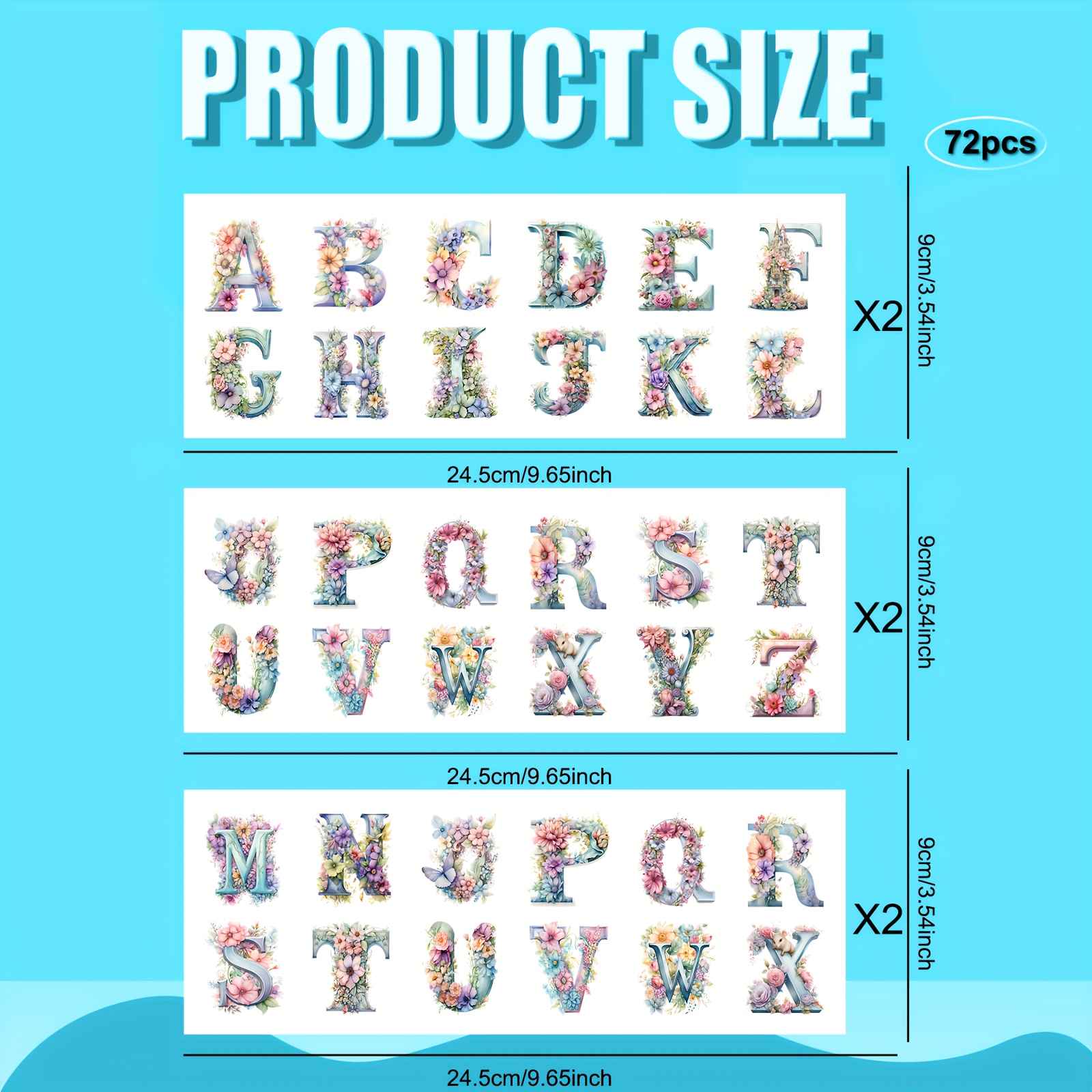 TEMU 72pcs Floral 26 Alphabet Theme Keychain Transfer - Vibrant, Waterproof Uv Dtf Transfer And Floral Designs For Crafts, Keychain Additions And
