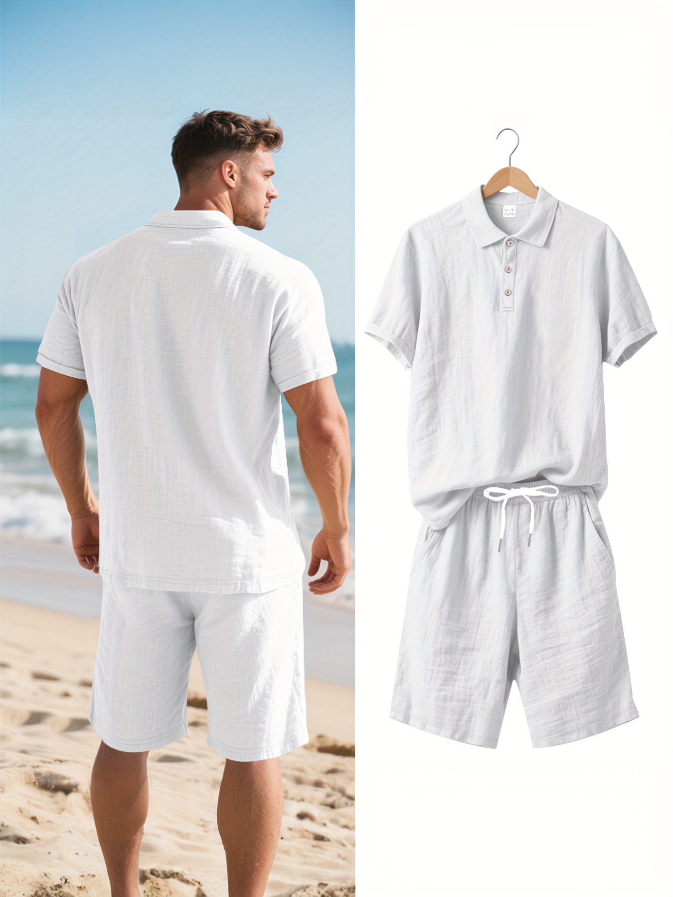 Men's Linen Short Sleeve Shorts Set, Summer Outdoor Sports Casual Breathable Short Sleeve Shirt with Shorts