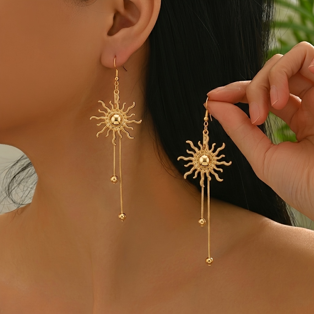 TEMU 1 Pair Of -shaped Tassel Drop Earrings, Vintage Light . Features -dimensional Sun Motif With A Double-chain Draping Design, With Round Bead And