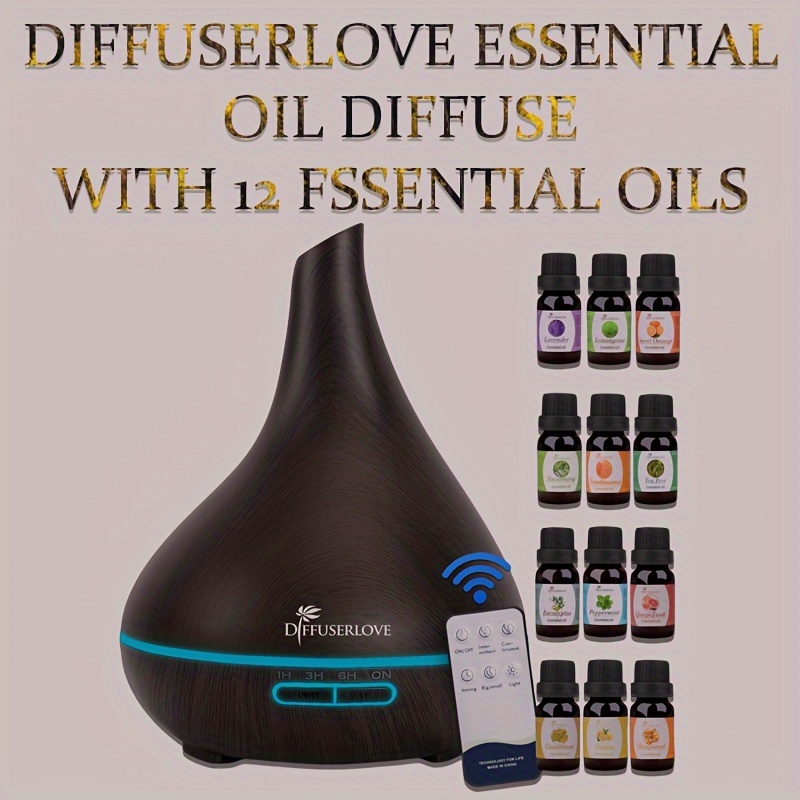 

Diffuserlove 500ml Essential Oil Diffuser With 12 Bottles Of Essential Oils With Adjustable Mist Mode, No Water Auto Shut Off Essential Oil Cool Mist Diffuser, Home Diffuser, Home Office Humidifier