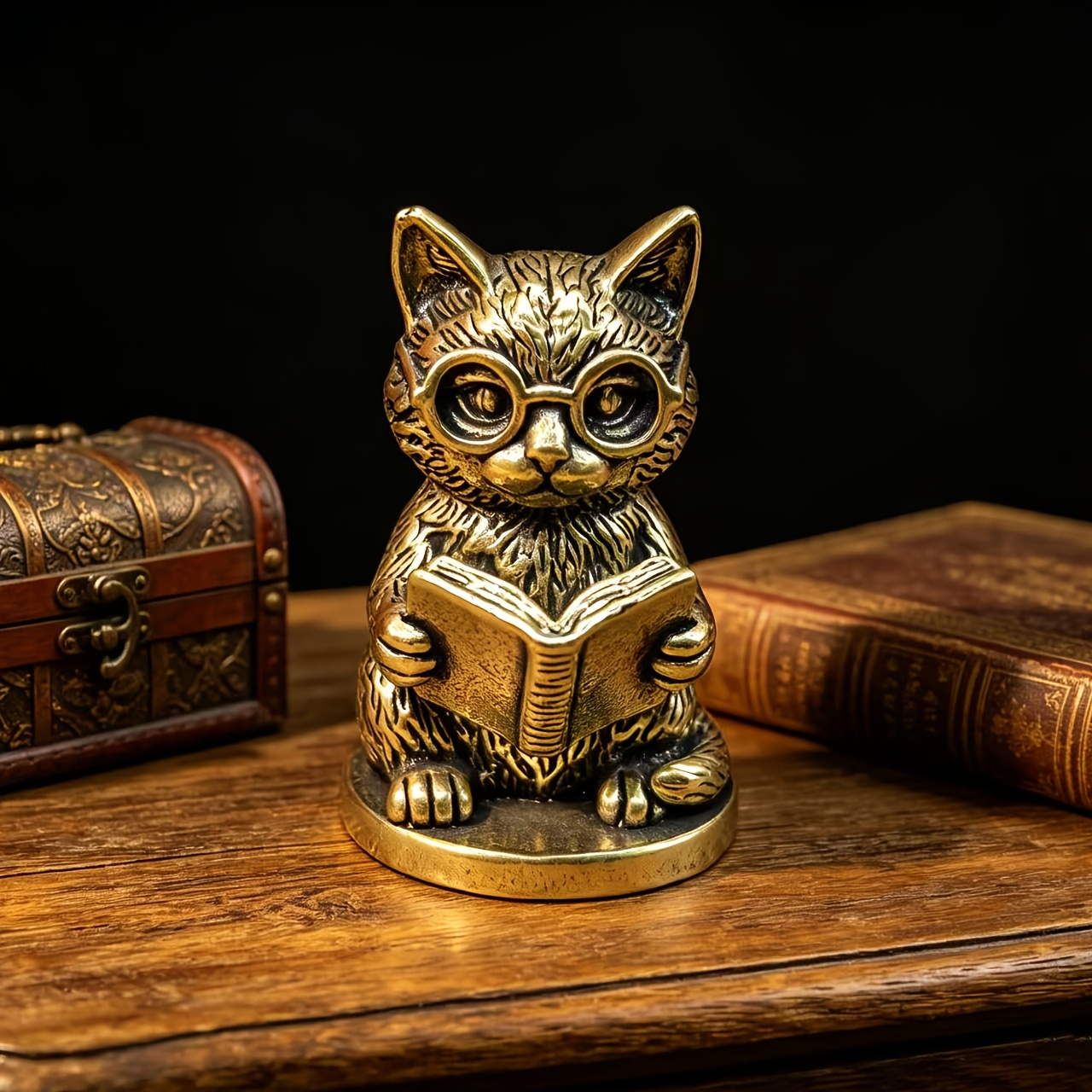 TEMU Collectible Miniature Statue - Vintage Distressed Hollow Brass Cat Sculpture, A Unique And Fun Decorative Piece Of A Cat With Glasses Reading A