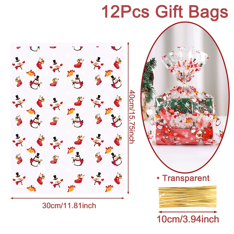 TEMU 12/24pcs Sacs Cadeaux de Noël, Sacs à Bonbons en Cellophane avec de Chaussons de Noël de Neige et Attaches Torsadées, Sacs d'Emballage Cadeaux