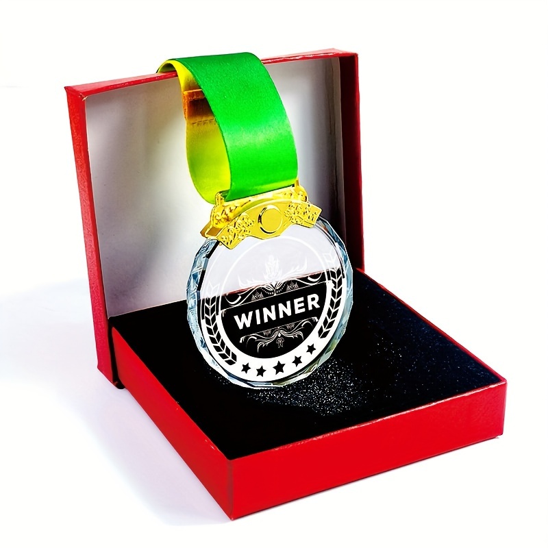 

1pc Crystal Sports Trophy - Perfect For Winners, Finalists, And Souvenirs - Diy Design Glass Medal With Ribbon