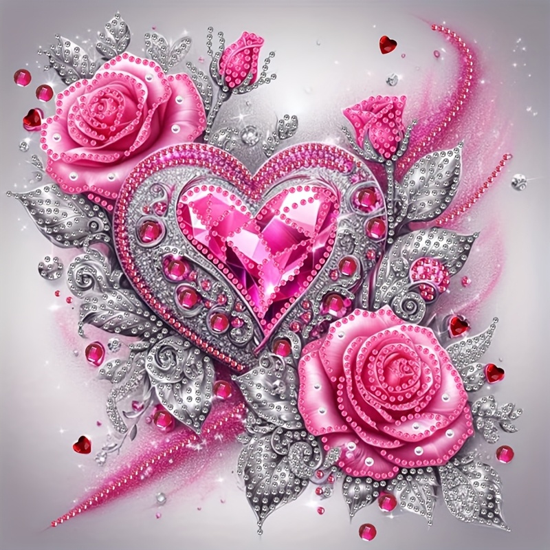 Image of Pink Heart Rose Diamond Painting Kit 11.8x11.8in - Diy 5d Craft With Special-shaped Crystals And Rhinestones, Canvas Art, Frameless Home Wall Decor, Perfect For Sparkle And Charm, Universal Gift