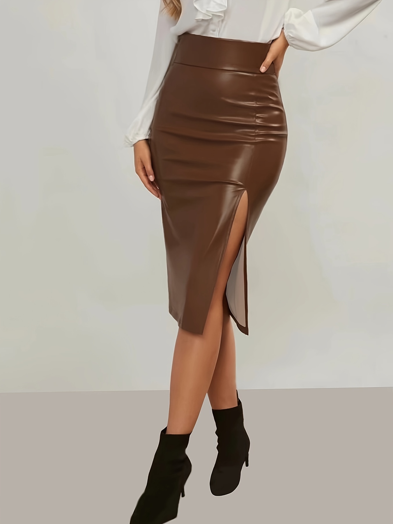 1pc elegant leather skirt side split high waist midi Temu South