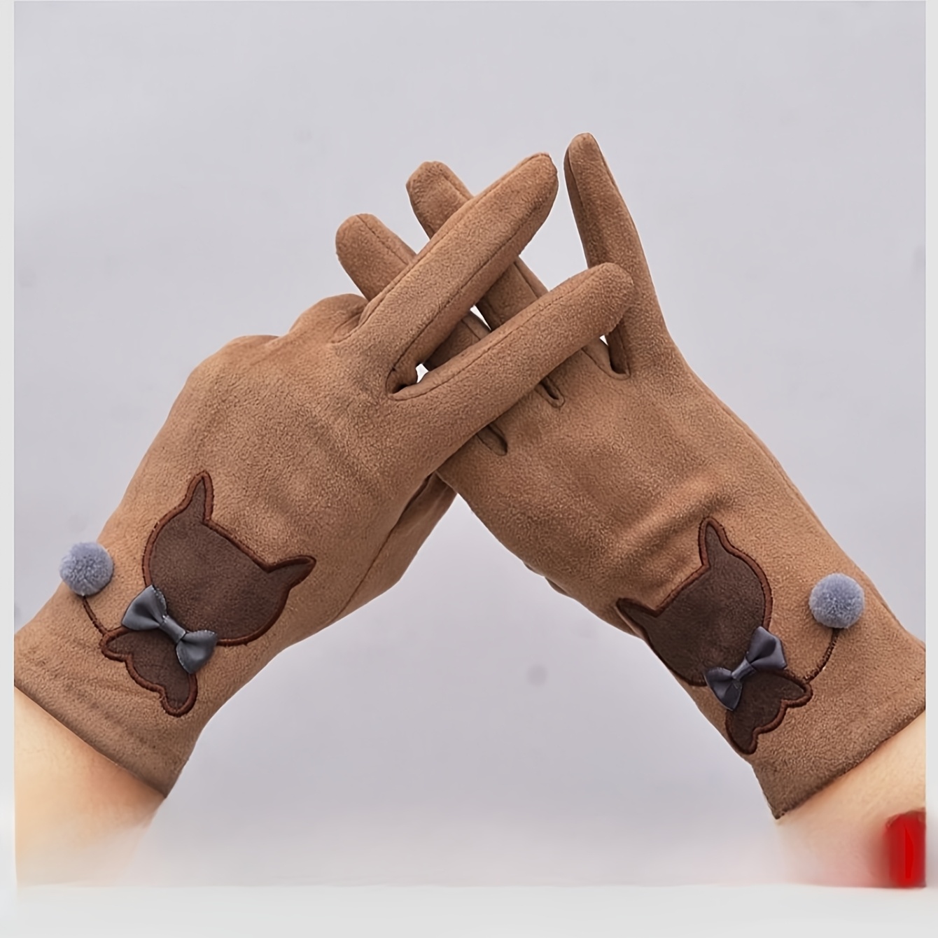 TEMU A Pair Of Women's Warm Winter -lined Stretch Gloves With Fashionable Kitten Design, Touchscreen Compatible