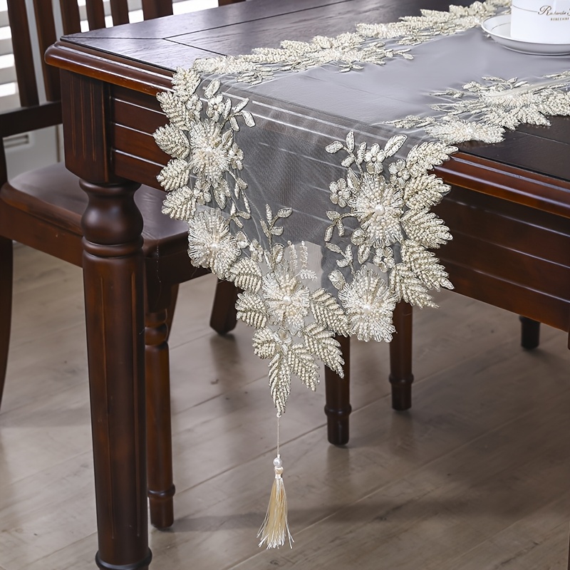 Image of 1pc Golden Handcrafted Beaded Embroidery Table Runner, Romantic Elegant Polyester Table Runner, Suitable For Dining Table, Cabinet, Dresser, Shoe Cabinet, Daily Home Decor And Wedding Party Holiday