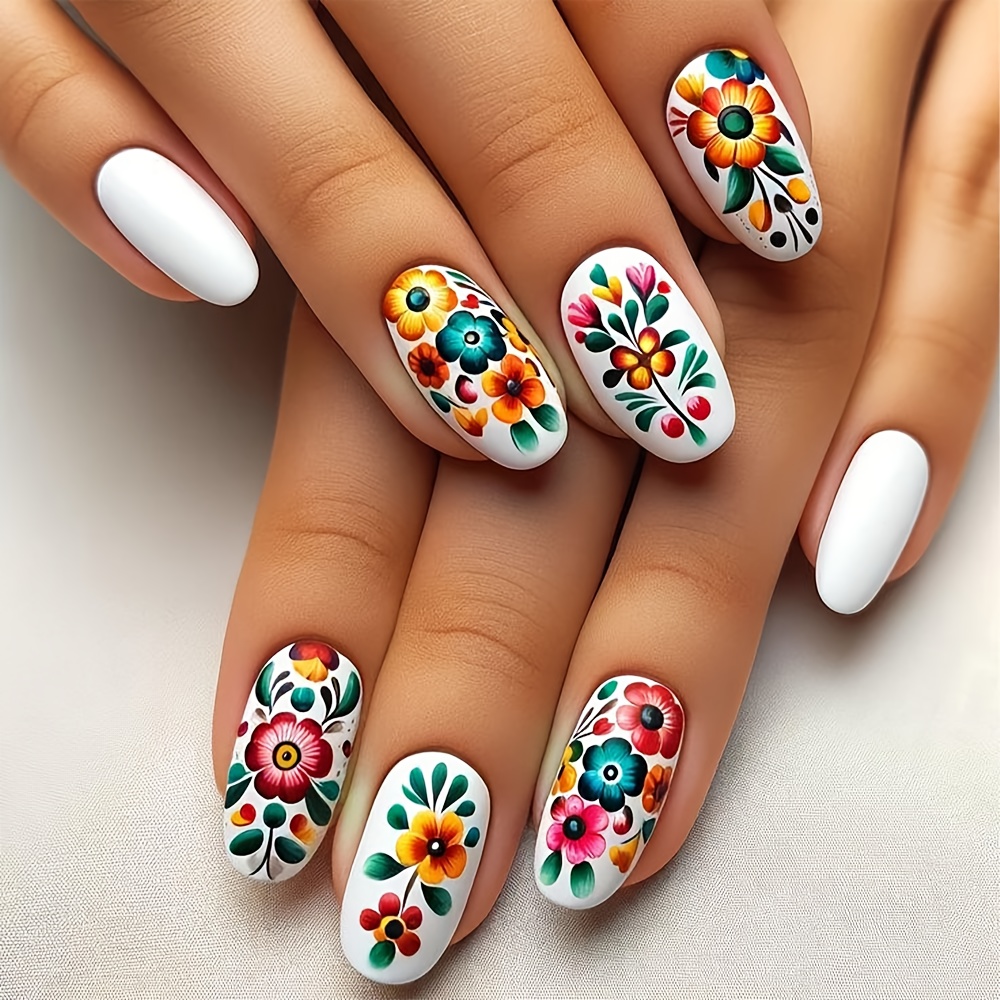 TEMU 24 Medium Almond Fake Nails, Colorful Bohemian Flower Wear Nail Design, Gloss Removable Fake Nail