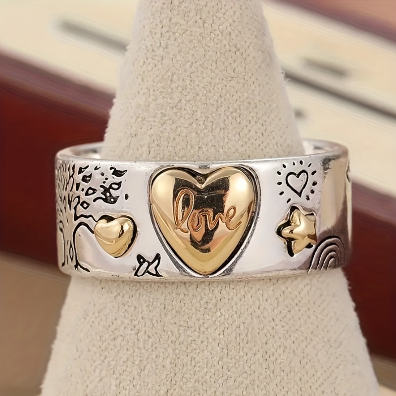 E-shop Modischer -Lettern-Ring mit niedlichem Herz-Muster für Damen und Herren, , Freizeit, Party, Exquisiter zweifarbiger Ring, Schmuck, Valentinstag,