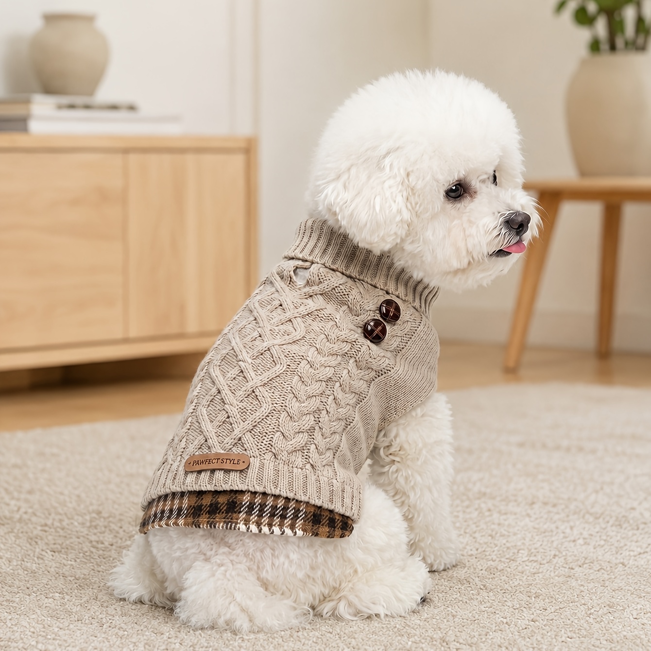 TEMU Suéter de punto elástico para perro con cierre de botón - Pulóver de punto de imbricado con cuello para perros pequeños, medianos y grandes -