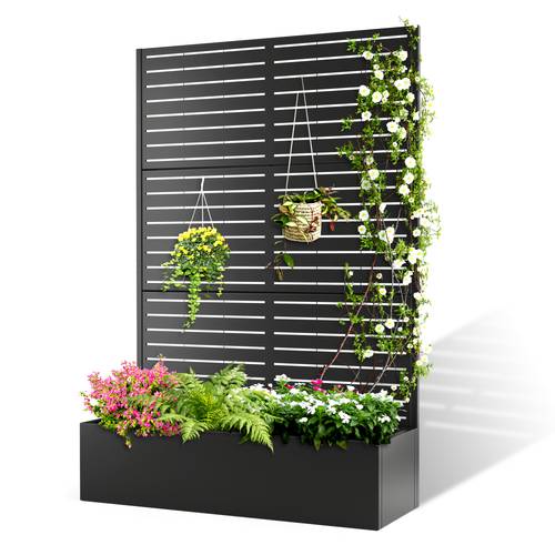metal raised garden bed with trellis multi functional outdoor planter box for vegetables flowers climbing plants and hanging pots black raised garden box with drainage holes and privacy screen 47 l x 16 w x 70 h