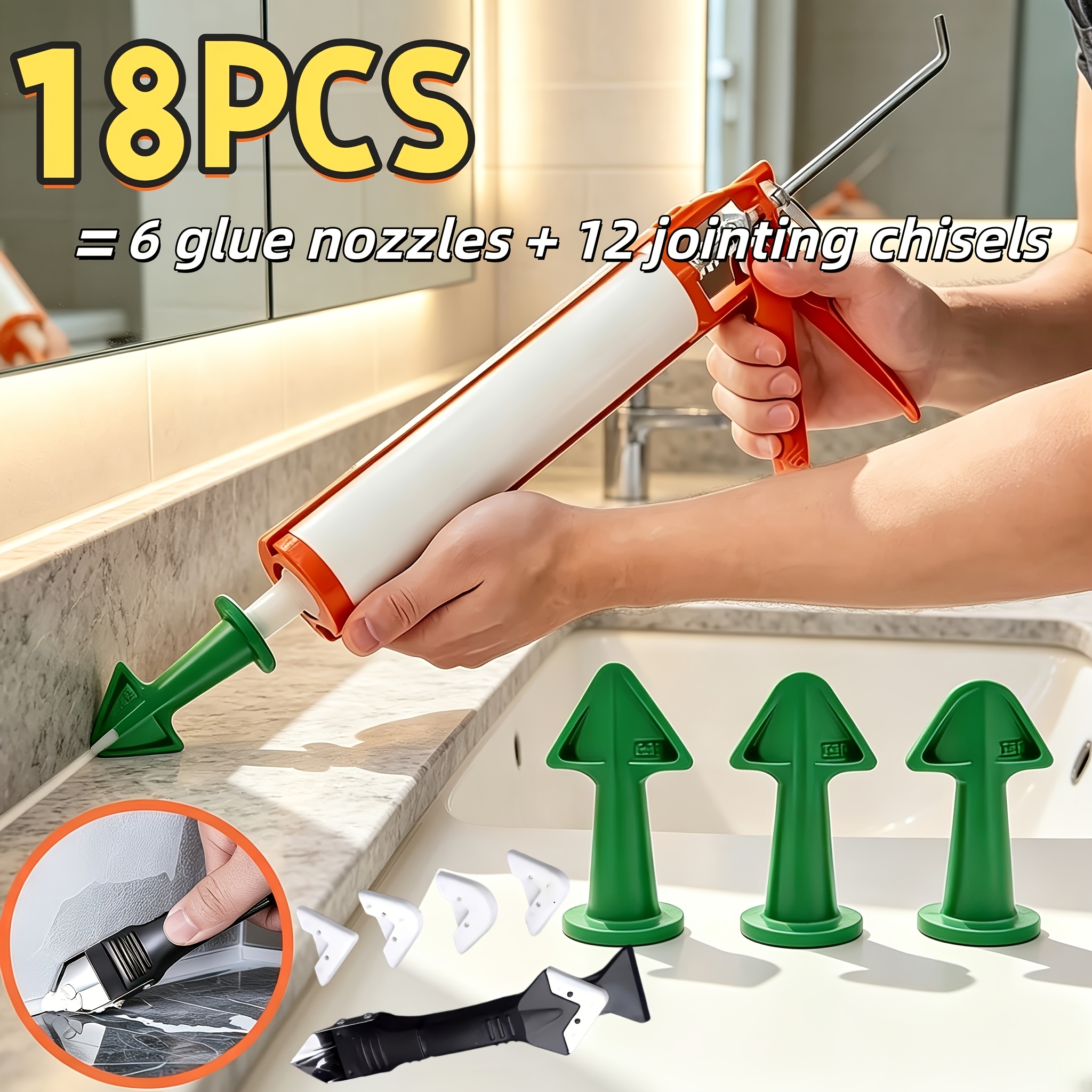 TEMU Juego de 18 piezas (6 boquillas de pegamento + 12 cinceles de ) de herramientas de boquilla para de bordes de sellador de silicona,