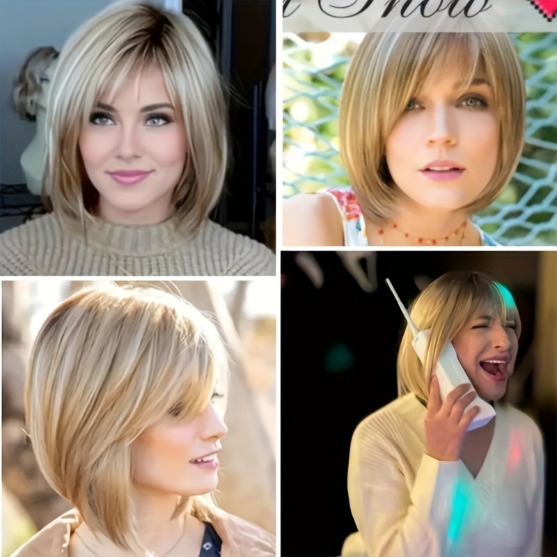 

Elegant Golden Bob Wig With Bangs For Women - Straight, Heat Resistant Synthetic Hair, &