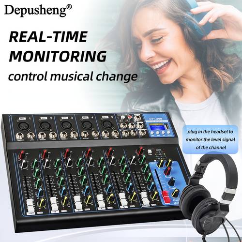 ht7 professional audio mixer 7 channel sound console alloy black with usb pc recording xlr mic jack rca for live streaming stage