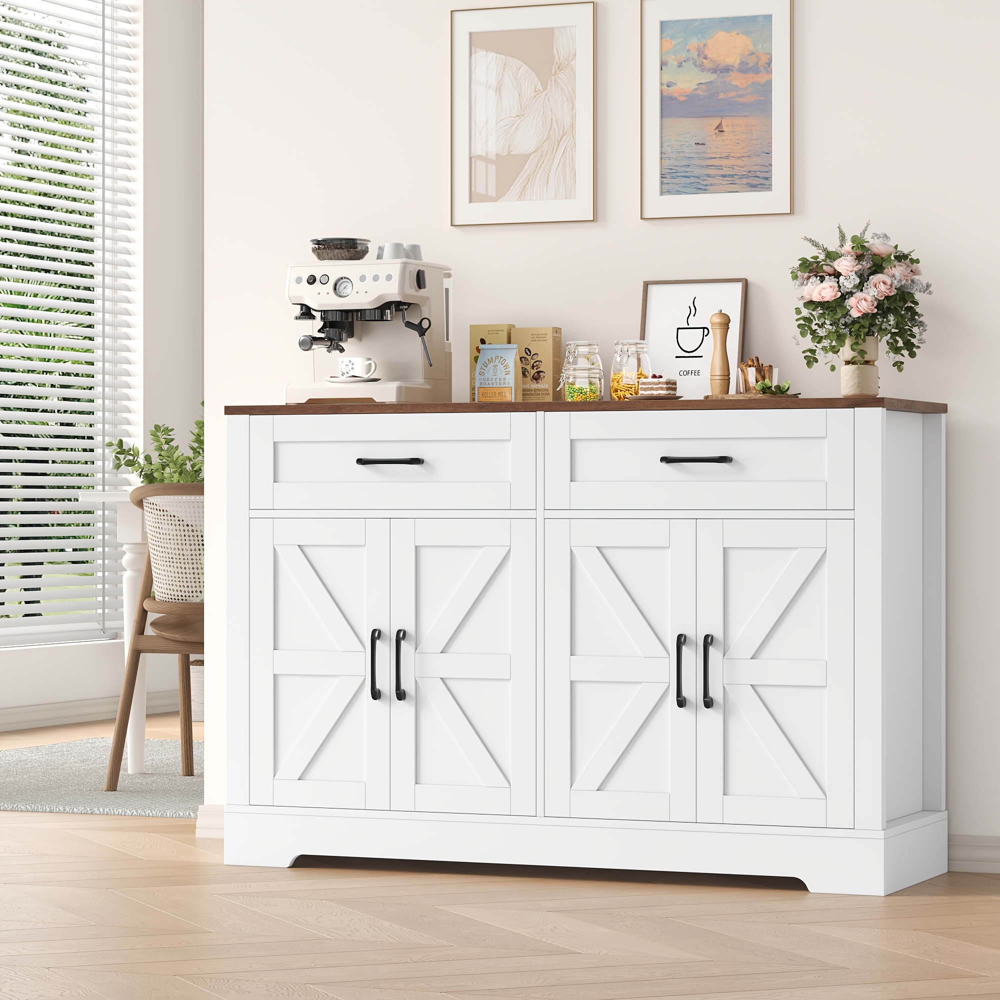 E-shop Kealive Moderner Freistehender Buffetschrank mit 2 Schubladen & 4 Türen - Holz, geeignet für Küche, Wohnzimmer, hoher Buffet - Geräumiger