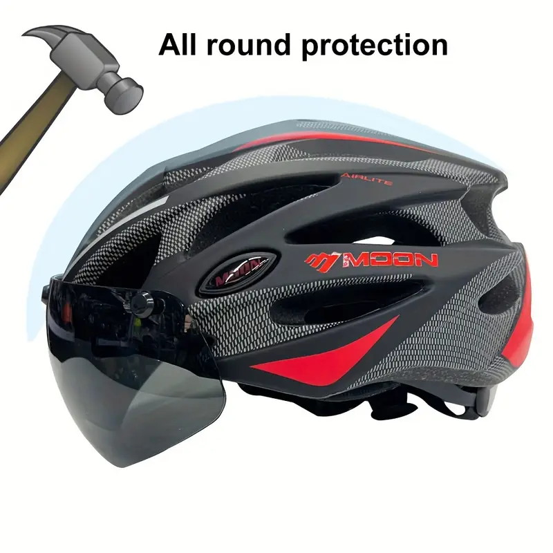 moon ultralight cycling helmet with removable visor black red adjustable multi use for road mountain biking unisex adult uncharged unisex cycling gear modern helmet design adjustable strap helmet details 6