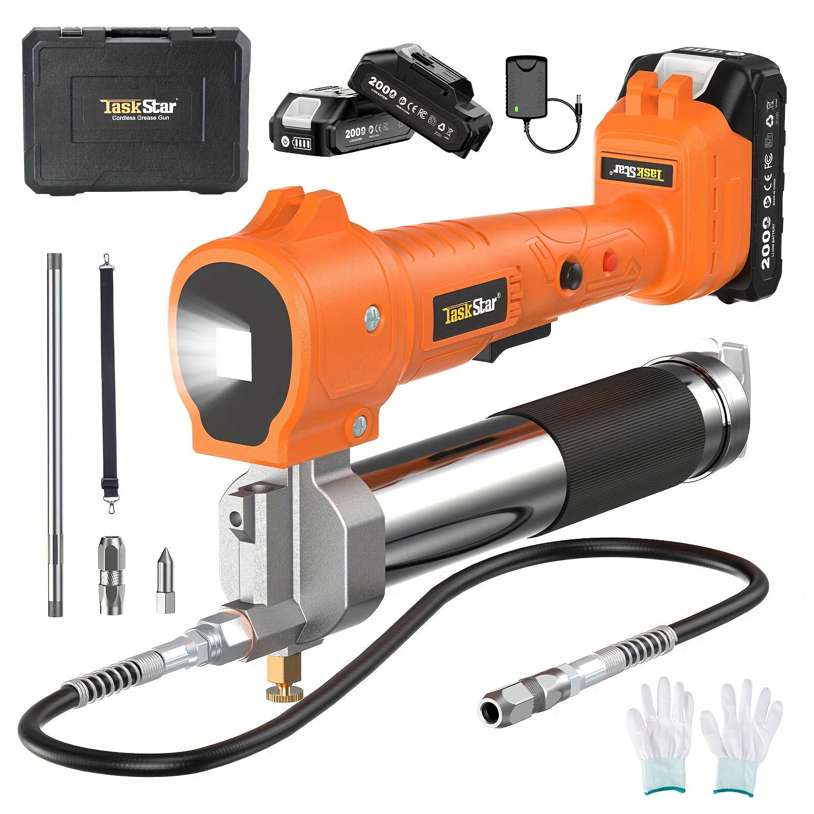 Taskstar Electric Grease Pump: 10000 Psi Grease Gun With 2 Batteries And Charger, Flow Rate 4.5oz/ Min, 39.4' Hose & 3 Nozzles, Ideal , Mechanics &