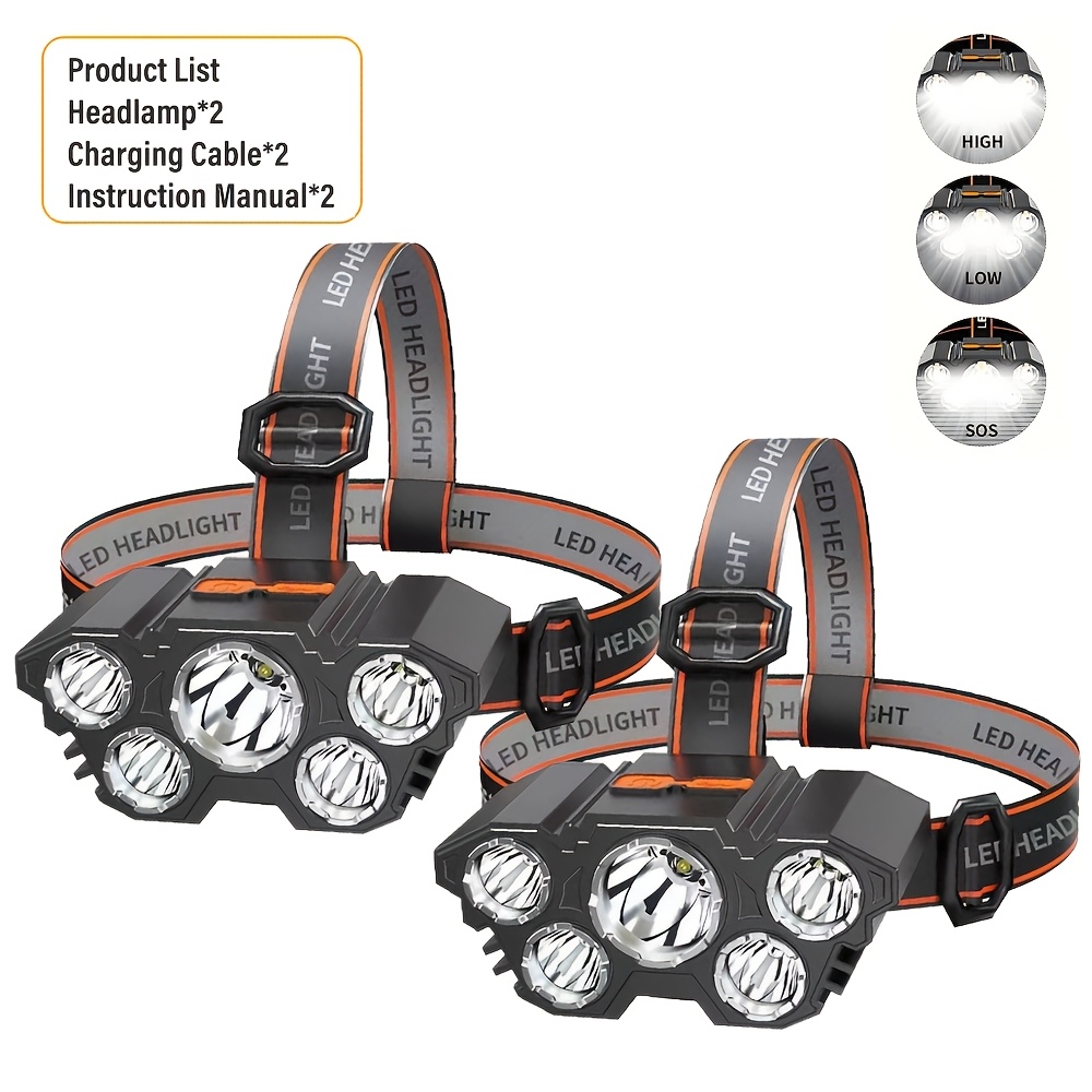 E-shop 2er-Set wiederaufladbare Stirnlampe, 5-LED ultrahelle Stirnlampe-Taschenlampe, leichte USB-aufladbare Stirnlampe, 3 , ideal für