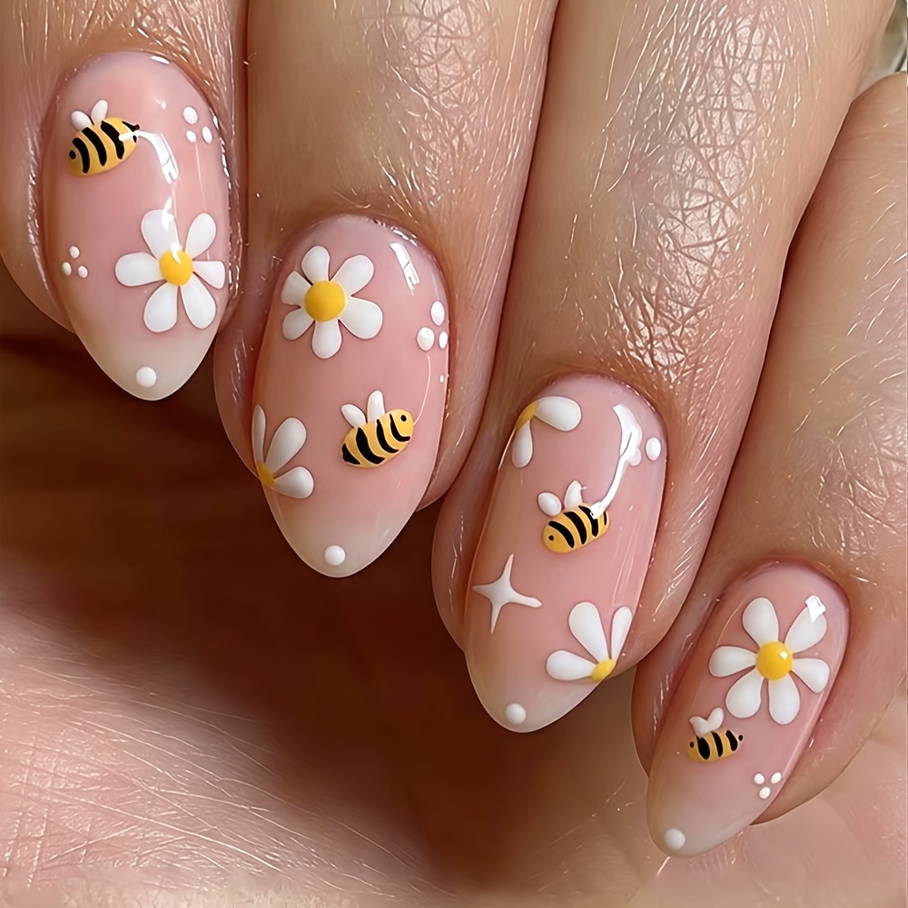 TEMU 30pcs Short Almond Press On Nails Glossy System With Bee And Daisy Patterns Artificial Reusable False Nails For Women And