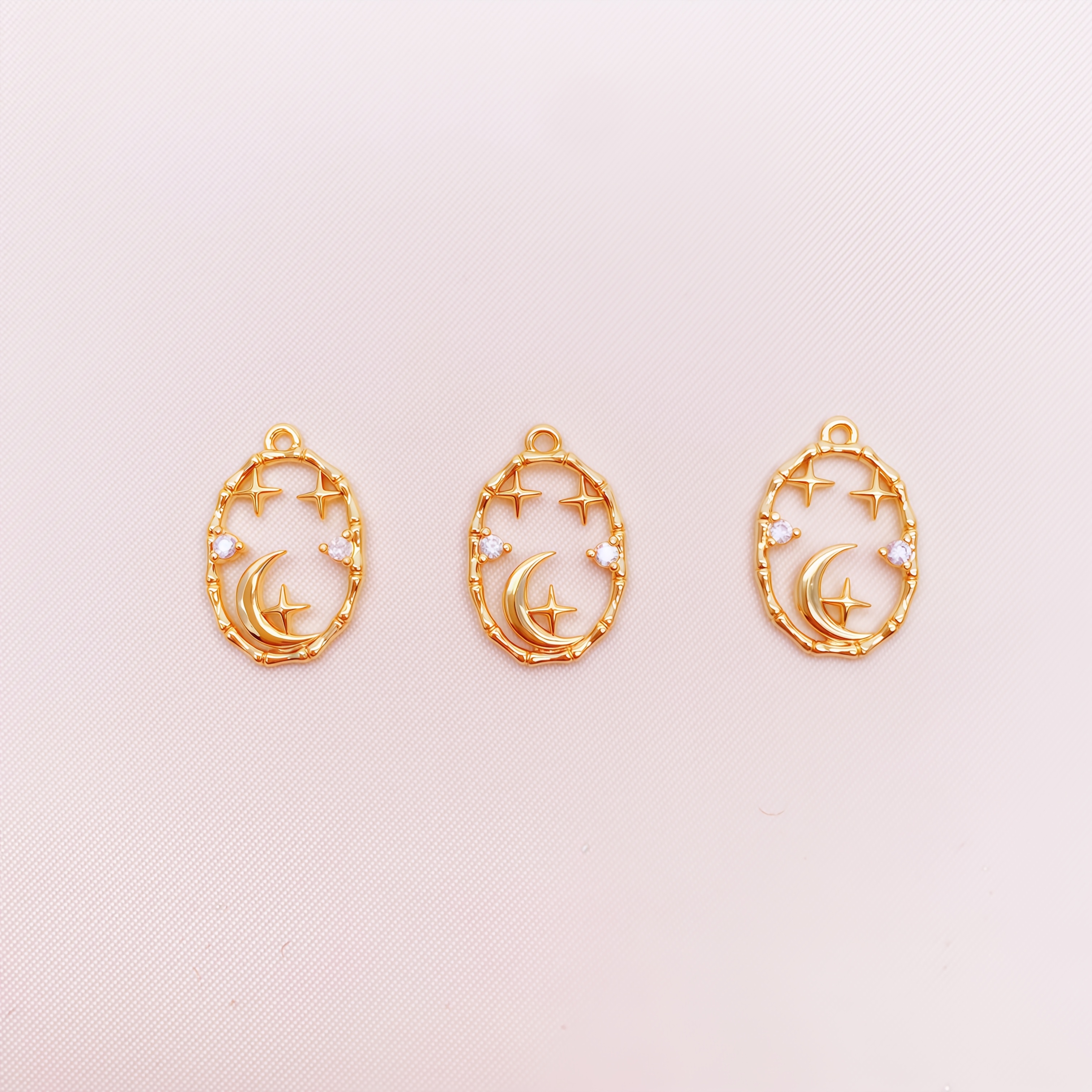 TEMU 3pcs Of 18k Gold Plated 18k Gold Plated-plated Copper Material Oval Moon And Star Pendants - "celestial Charm" For Women, Featuring An Elegant