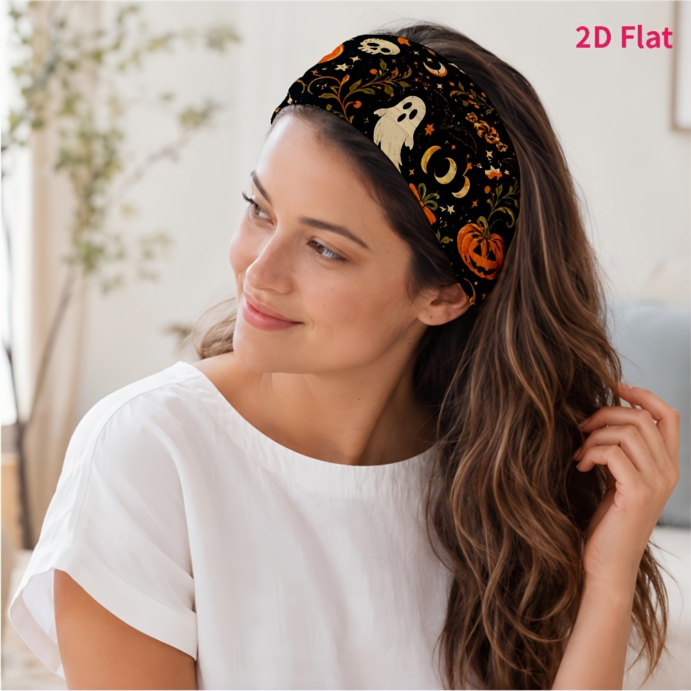TEMU 2d Flat 1pc New Style Hair Tie, Halloween Theme Pattern, , Pumpkin, Web And Star Elements, Suitable For Daily /makeup Skincare/washing Face,
