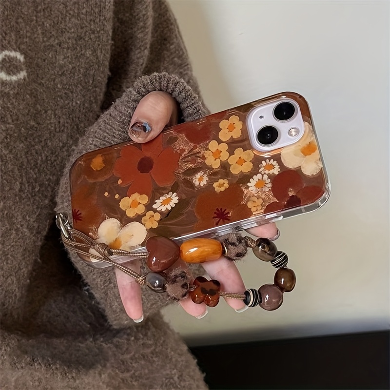 TEMU Phone Case: Vortex Pattern Ind Oil Painting Yellow Brown Flower Phone Case With Chain For Iphone 11 12 13 17 Pro Max