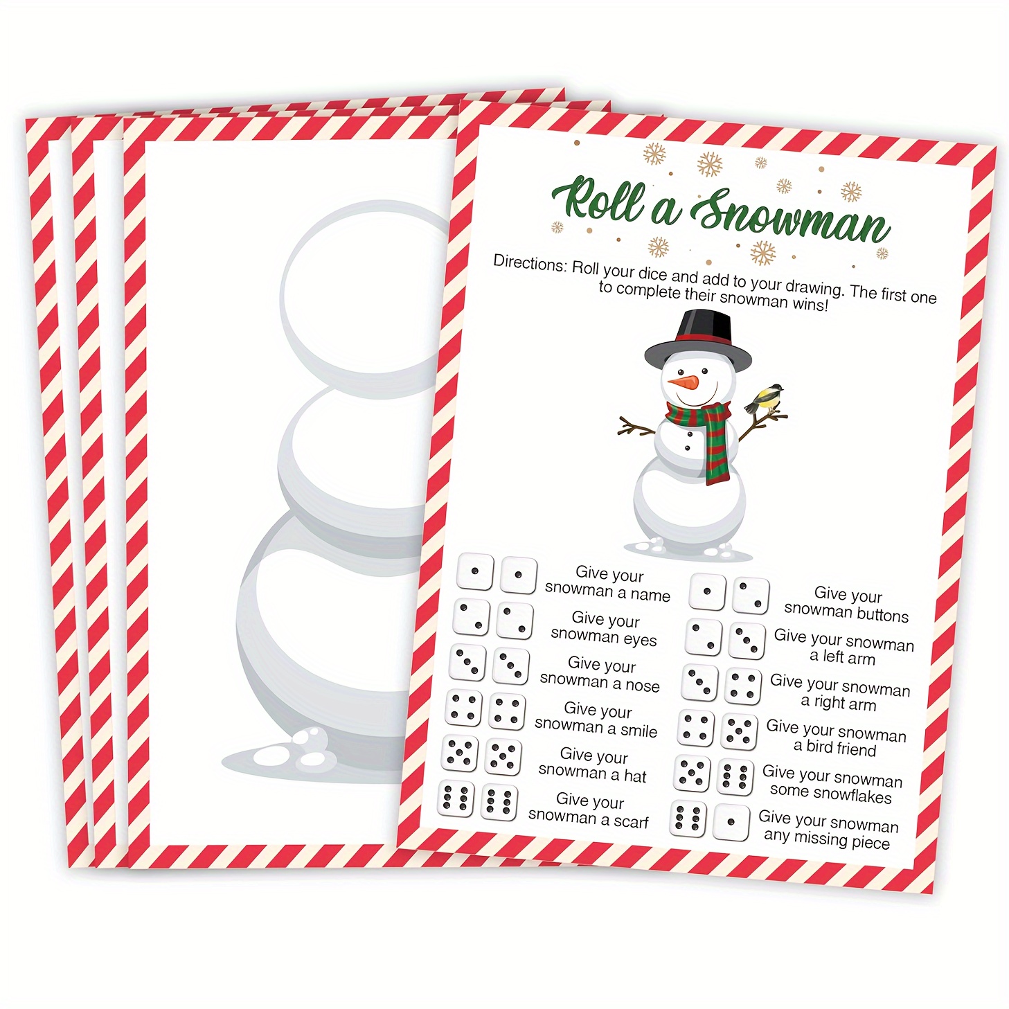 

20pcs, Roll A Snowman Game, Dice Rolling Game, Winter Family Christmas Game Activity, , Draw A Snowman Game, Classroom Games, Holiday Classroom Games, Double-sided Printed Game Card Set