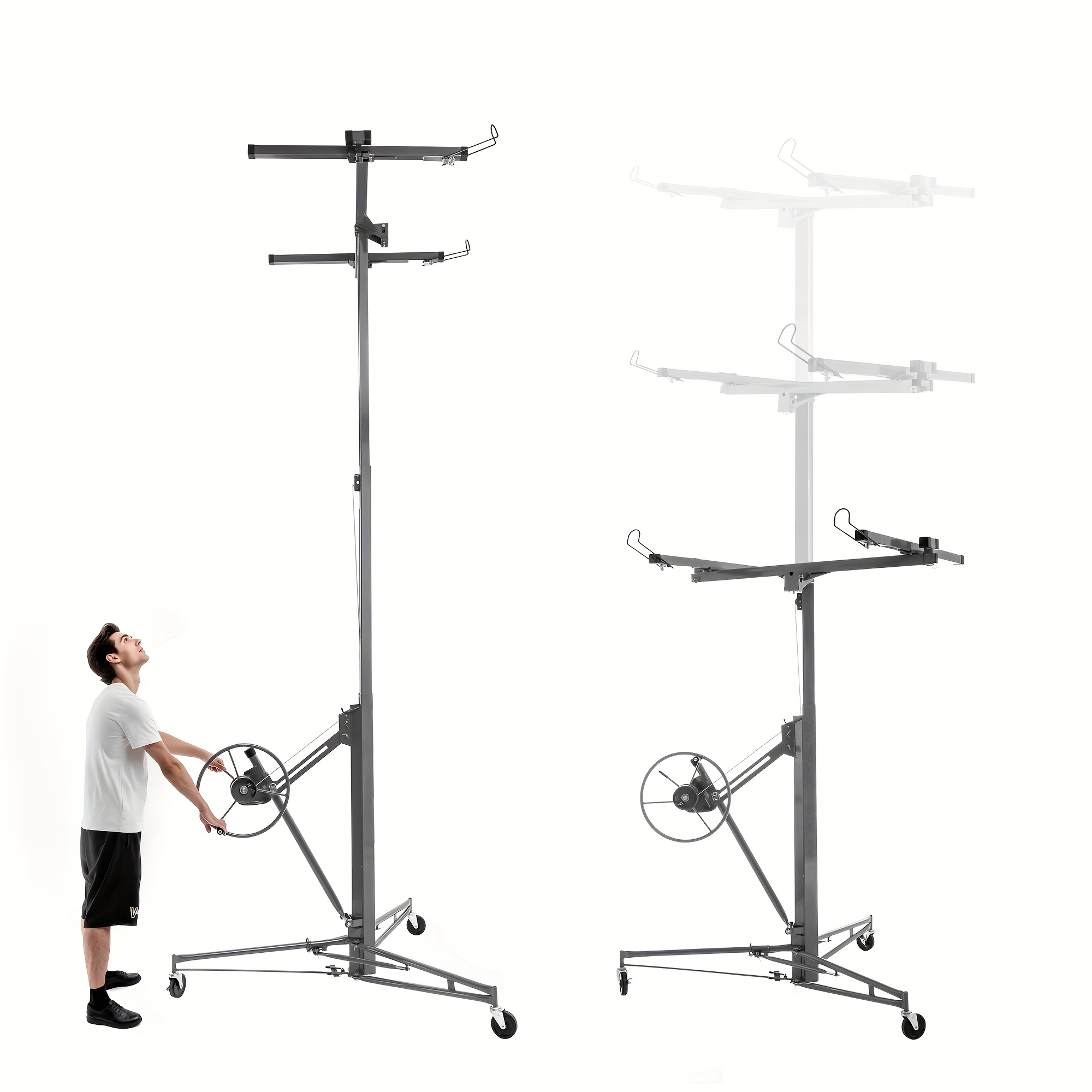 Movable Plasterboard Lift For Drywall Panels And Ceiling Installation: Load Capacity 68kg, Height Adjustable From 140 To 350cm, Foldable, With 3 Brake Wheels, 60-degree Tilt Adjustment