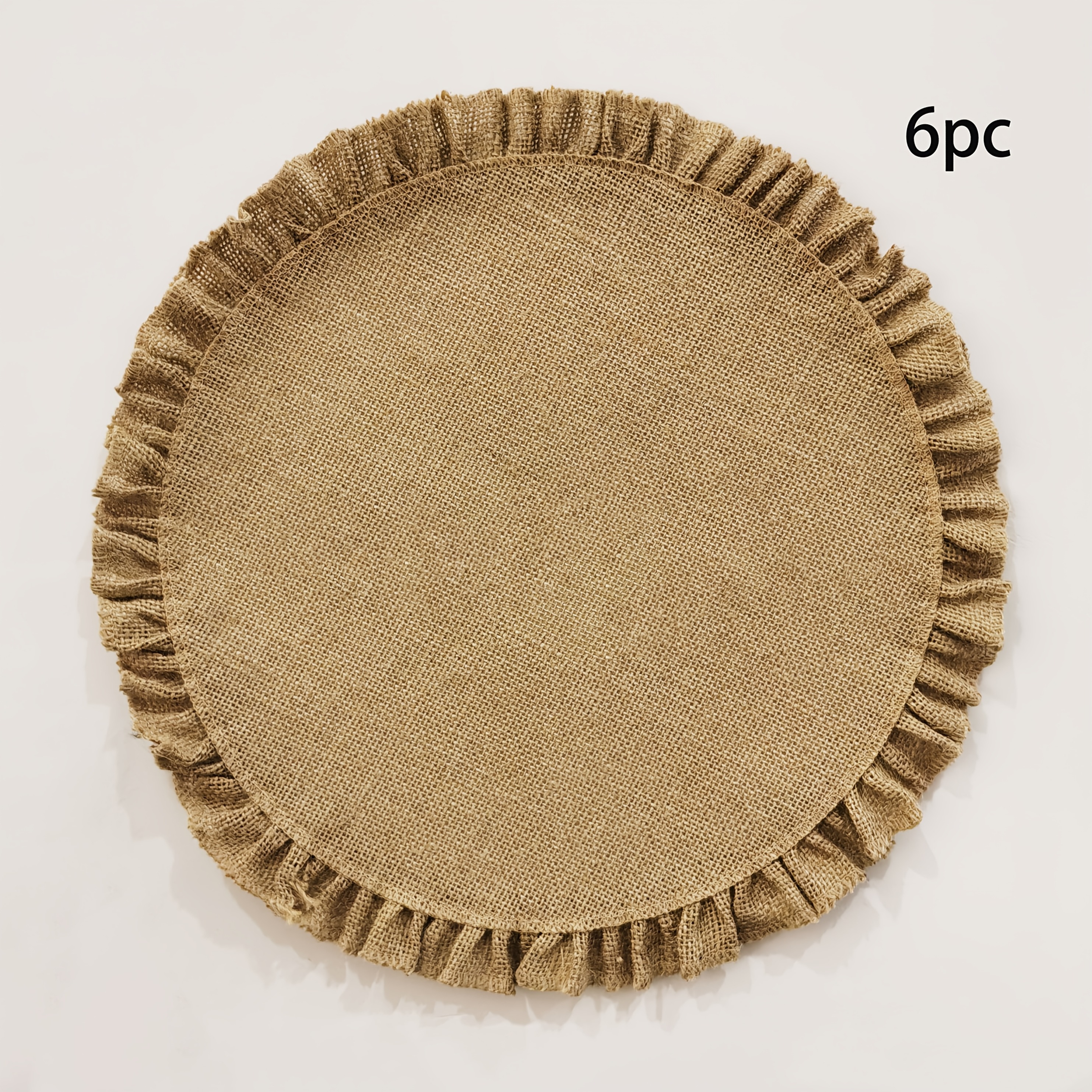 Image of 6pcs Retro Style Pleated Scalloped Burlap Placemats, Solid Color Table Mats, Suitable For Holiday Gatherings, Countryside Weddings, Birthday Parties, And Table Decoration Placemats
