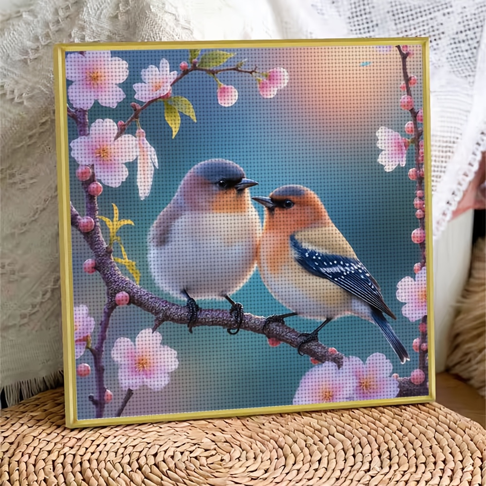 Cross Stitch Kit Featuring Two Birds on Cherry Blossom Branch, Ideal for Beginners