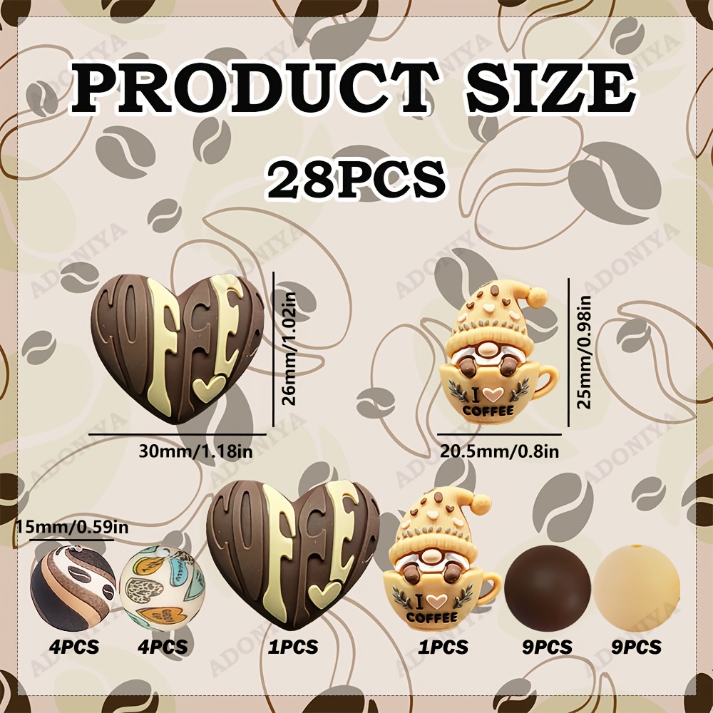 TEMU 28pcs Cute 3d Coffee-themed Silicone Beads, Printed Square And Heart-shaped Fashionable Design, Suitable For Jewelry Making, Perfect For Diy