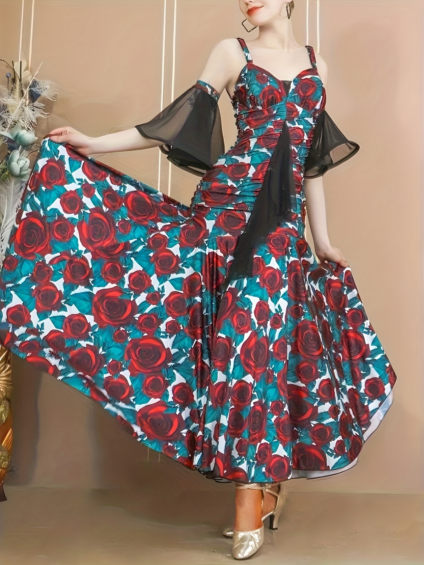 rose print cold shoulder ruched dress stylish mesh panel - Temu Morocco